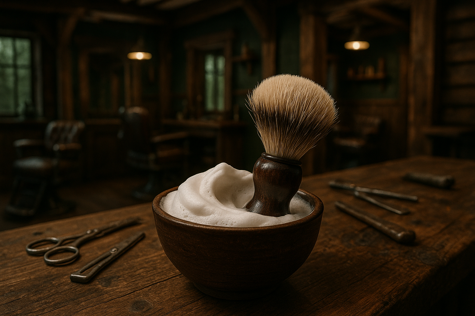 Wet shaving bowl and brush in a manly forest themed barber shop